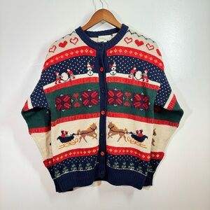Vintage Willow Ridge Christmas Cardigan Horse Snowman Knit Wool Sweater Small